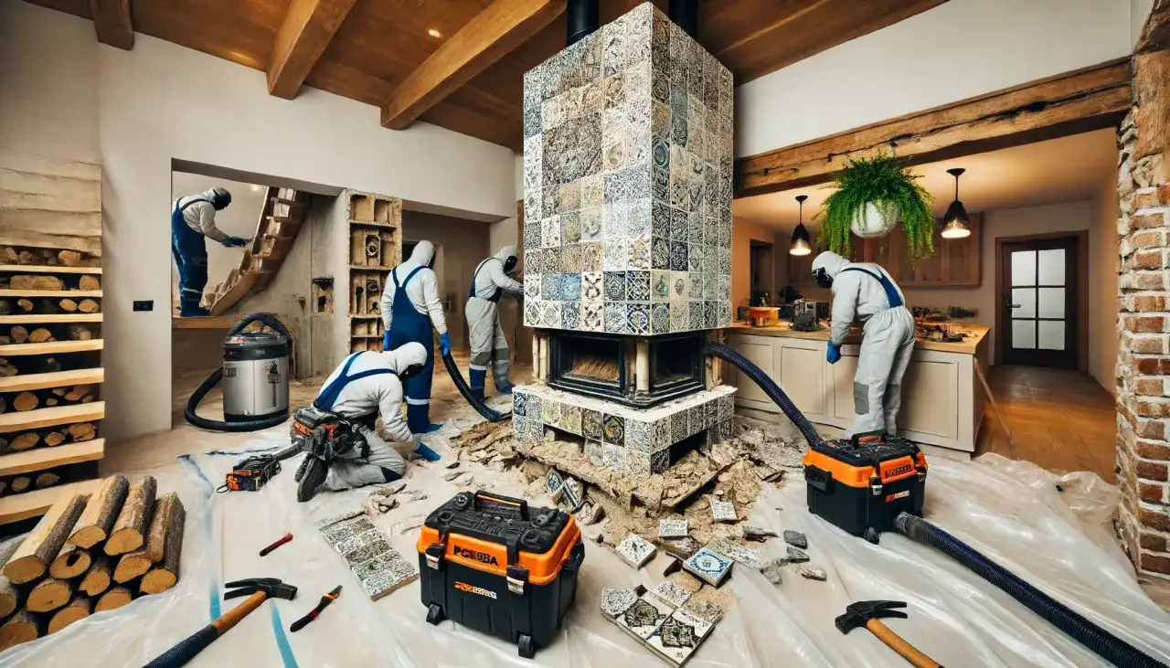 Pracownicy w kombinezonach czyszczą kanały w piecu kaflowym, używając odkurzaczy przemysłowych.