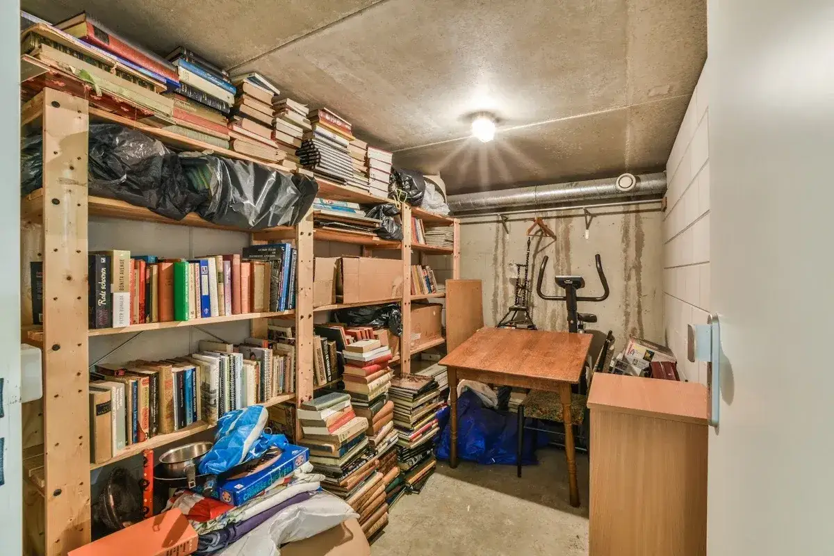 Piwnica w bloku pełna książek, karton&oacute;w i roweru stacjonarnego.