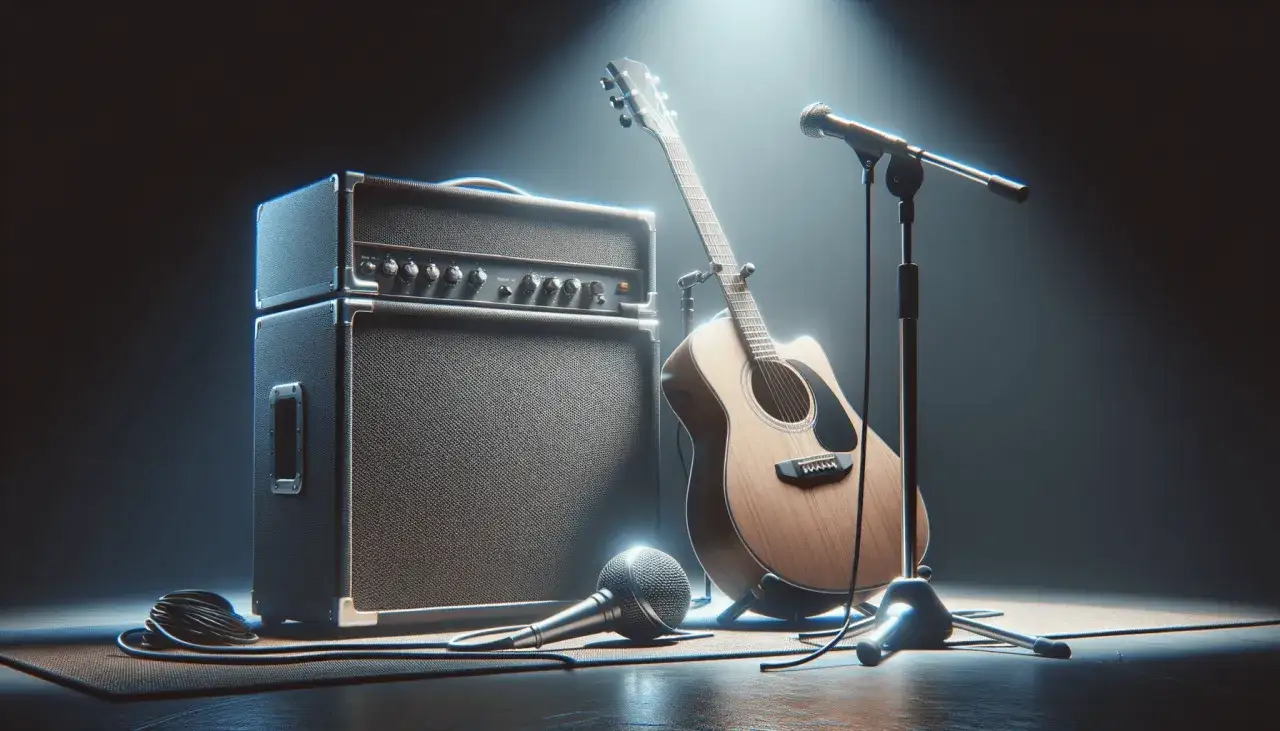 Scena muzyczna: gitara akustyczna, wzmacniacz i mikrofony gotowe do występu. Idealna przystawka do gitary akustycznej.