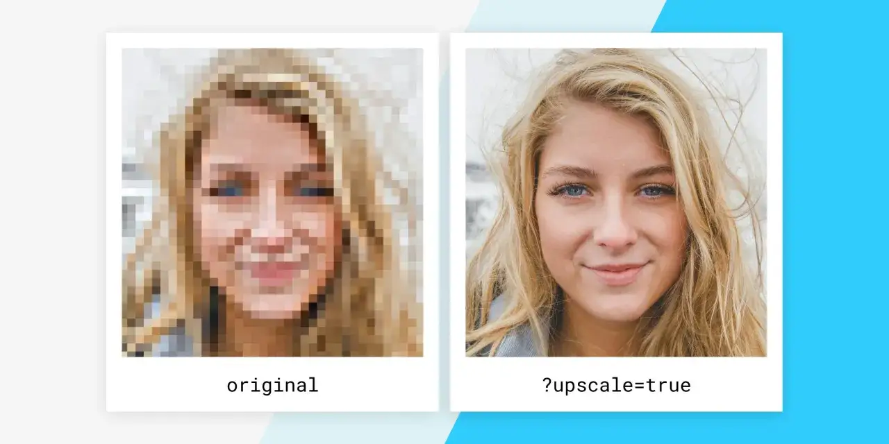 Porównanie: pikselowata twarz kobiety obok jej wyraźnej wersji po zwiększaniu rozdzielczości zdjęć.