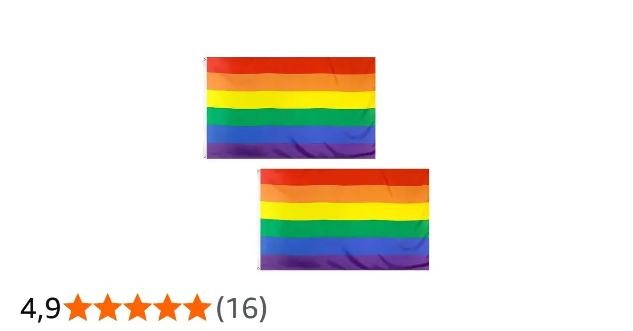 Dwie tęczowe flagi, symbolizujące społeczność LGBTQ+. Każda ma sześć pasów: czerwony, pomarańczowy, żółty, zielony, niebieski i fioletowy.
