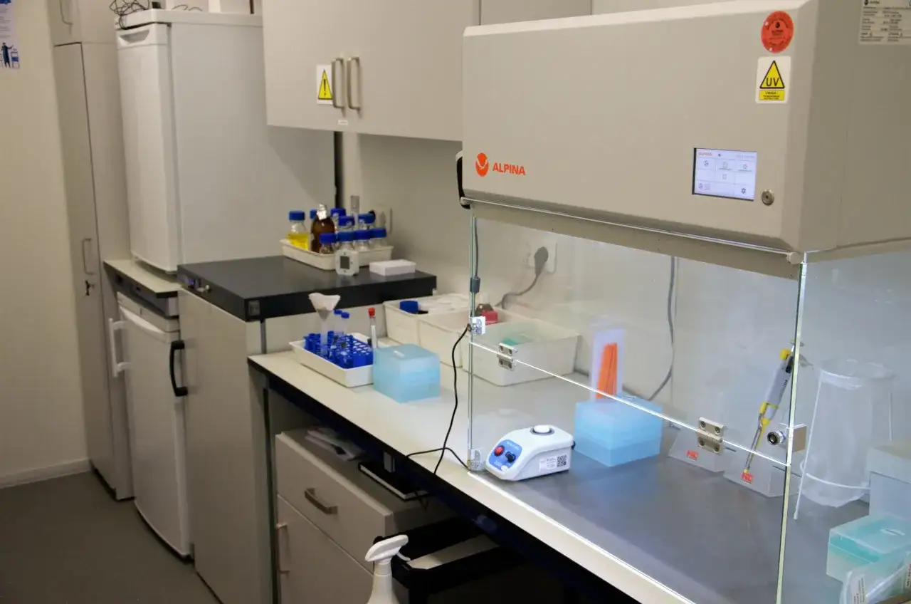 W tym laboratorium mikrobiologicznym znajdują się lod&oacute;wki, szafki, komora laminarna z pipetą i prob&oacute;wkami, co pozwala na bezpieczne badania.