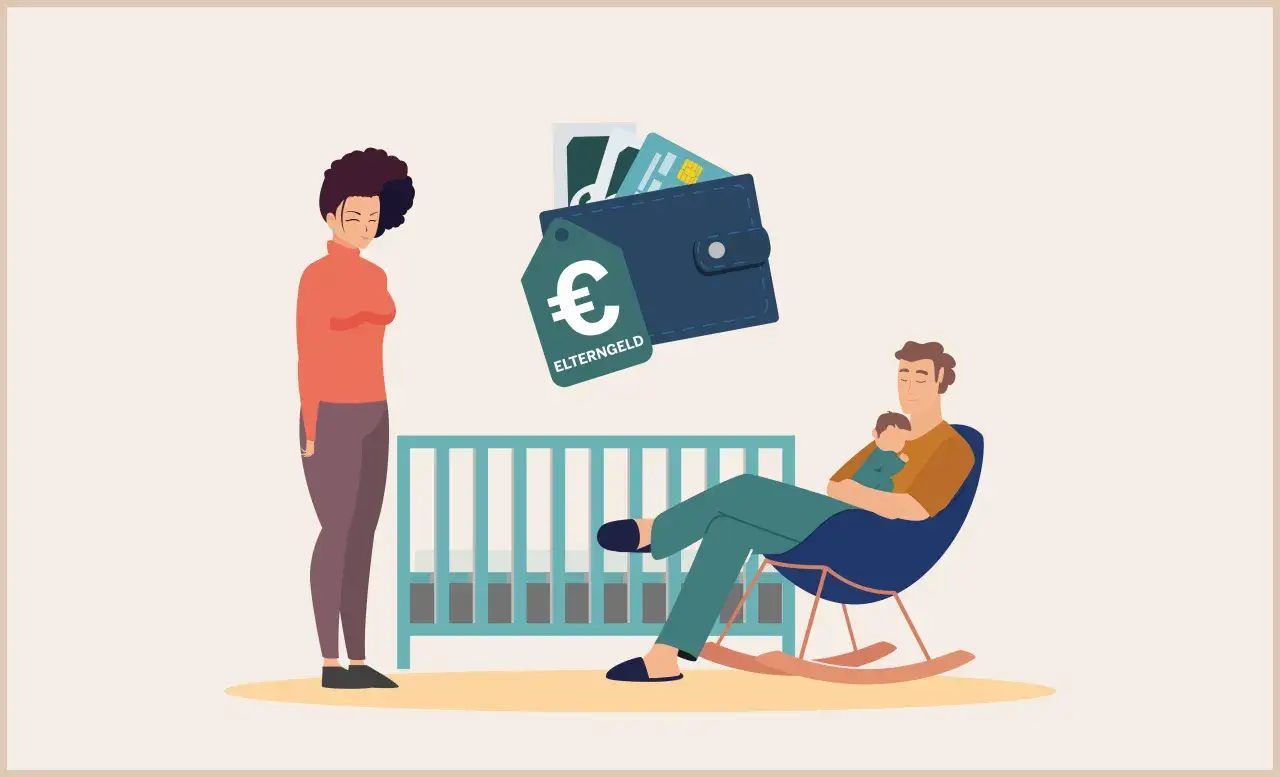 Rodzice z dzieckiem przy łóżeczku, portfel z euro i kartami, symbolizujący, czy rodzina adopcyjna dostaje pieniądze.