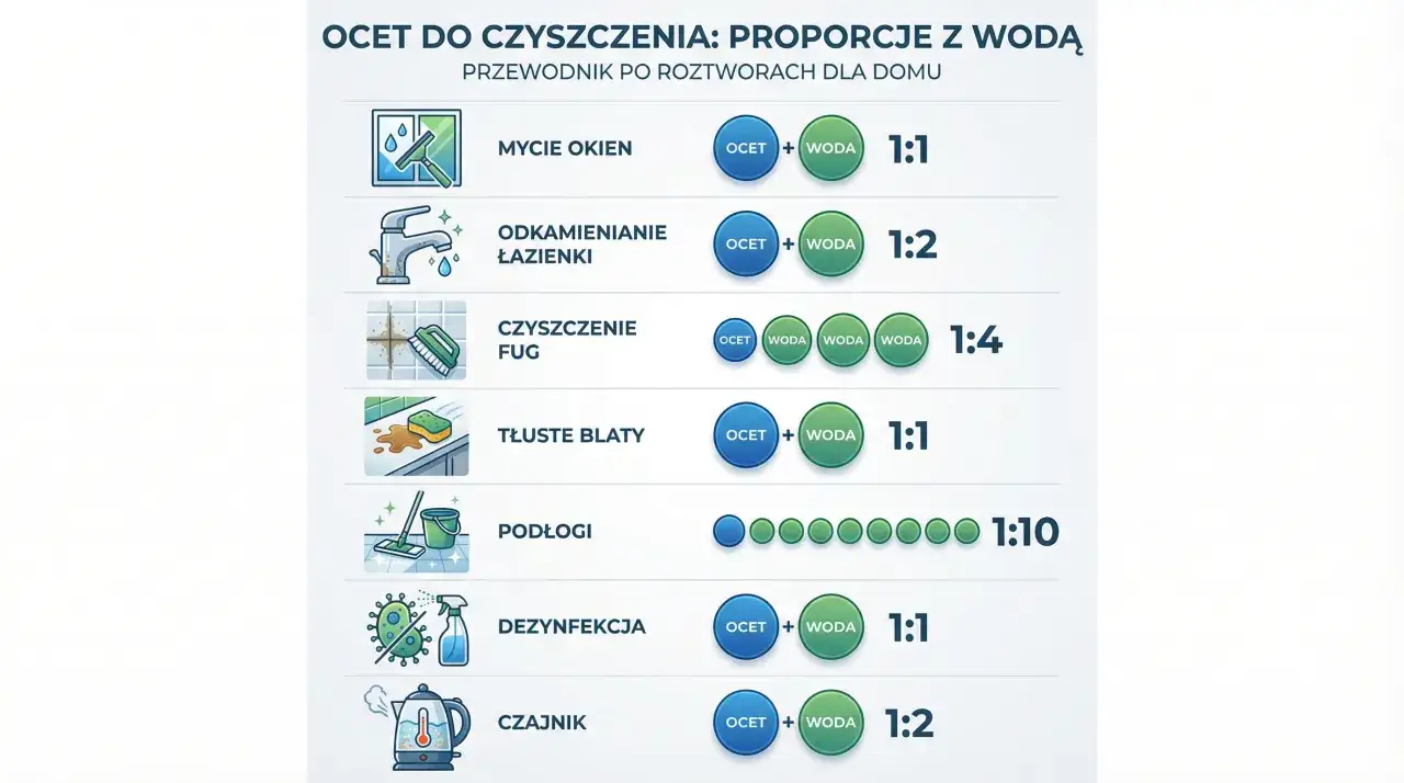 Zbyt mocny ocet do czyszczenia fug niszczy ich strukturę. Wykres pokazuje proporcje octu i wody do różnych zastosowań domowych.