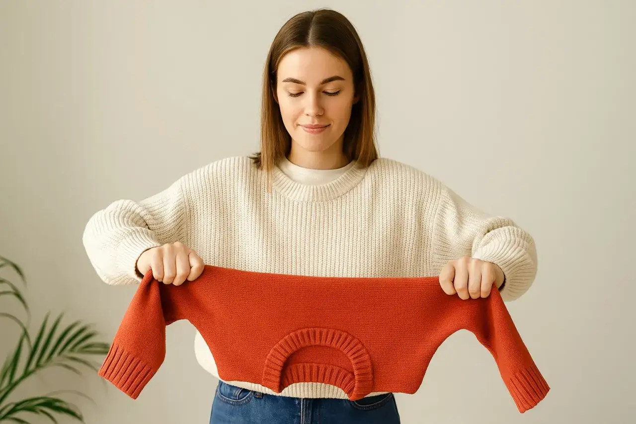 Kobieta trzyma pomarańczowy sweter, pokazując jak skurczyć rozciągnięty sweter.