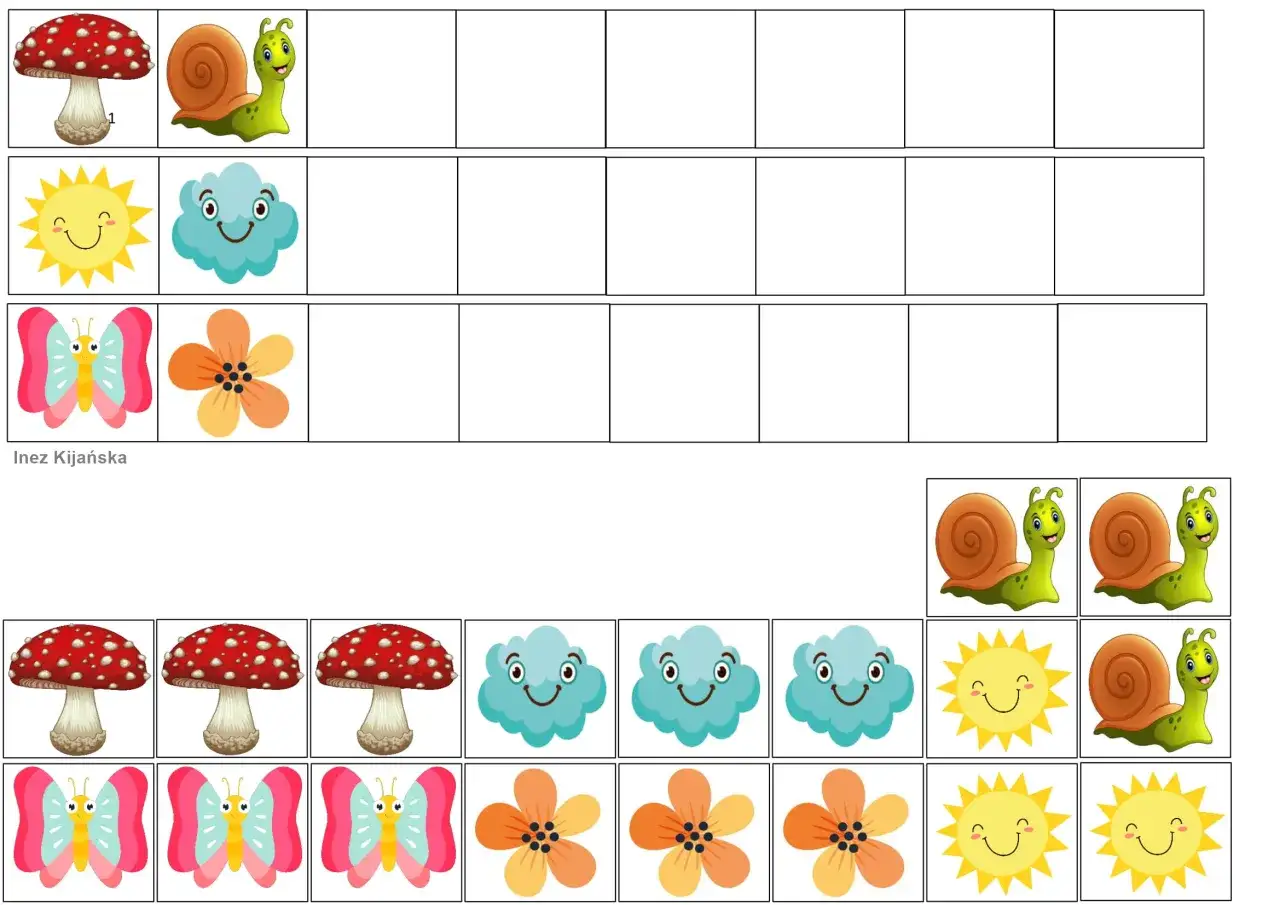 Ilustracje do zajęć rewalidacyjnych: grzyby, ślimaki, słońca, chmurki, motyle i kwiaty.