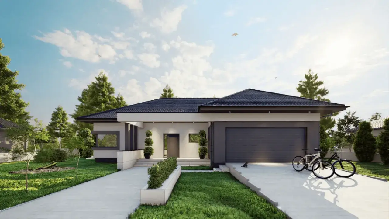 Nowoczesny dom z keramzytu z dwoma rowerami na podjeździe i kotem wylegującym się w słońcu.