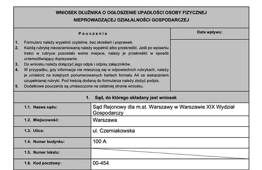 Wniosek o upadłość konsumencką wzór