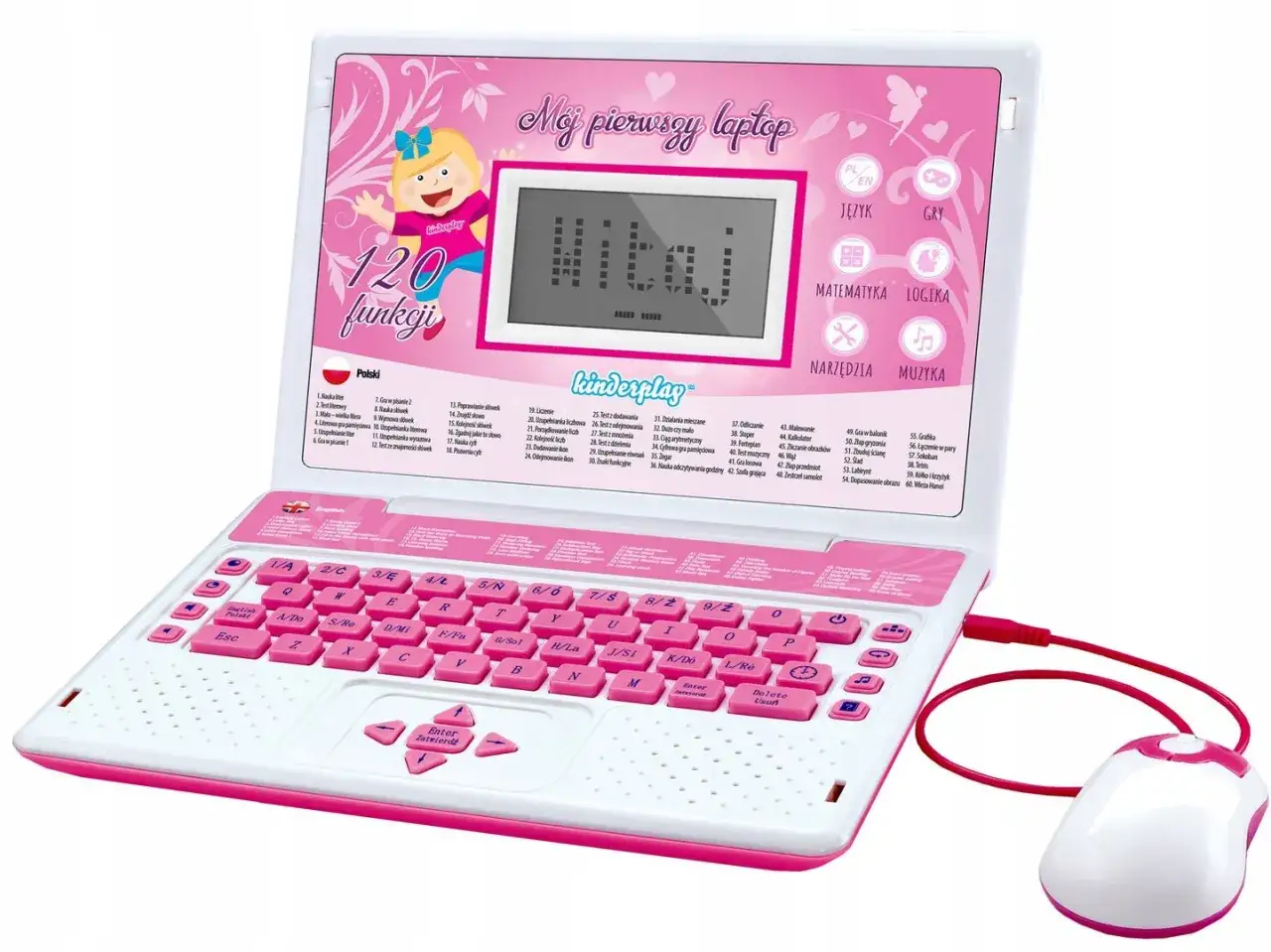 Różowy laptop edukacyjny dla dzieci z myszką, oferujący 120 funkcji, w tym gry i naukę języka. Idealny jako pierwsze laptopy dla dzieci.