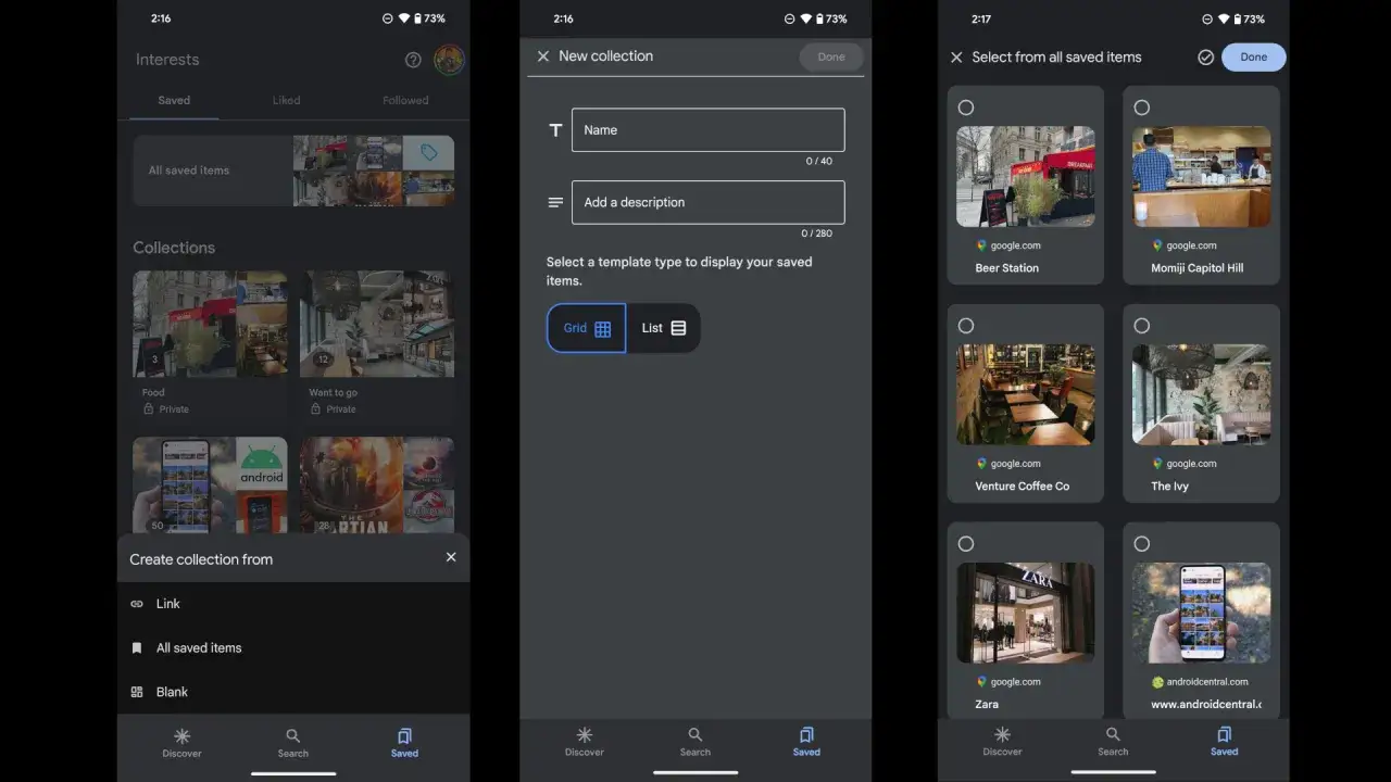 Jak włączyć Google Discover: tworzenie kolekcji zapisanych miejsc, np. restauracji. Widok aplikacji z opcjami tworzenia i zarządzania kolekcjami.