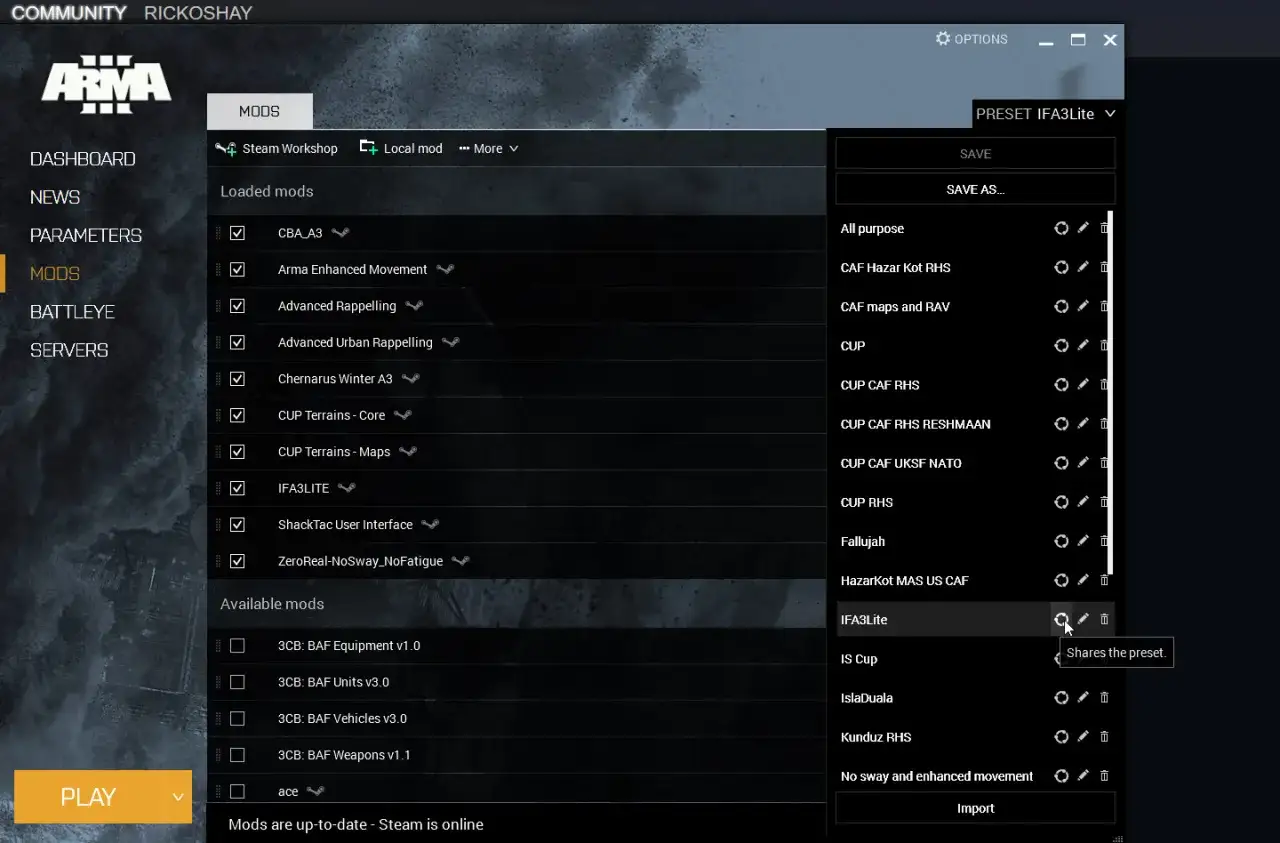 Interfejs Arma 3 Launcher z listą mod&oacute;w
