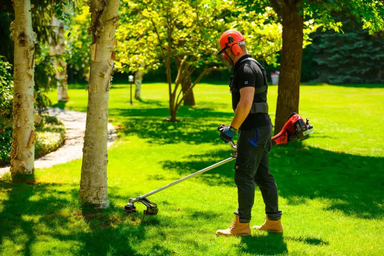 Mężczyzna w kasku i ochronach słuchu pokazuje, jak kosic kosa spalinowa, pracując w pięknym, zielonym ogrodzie.