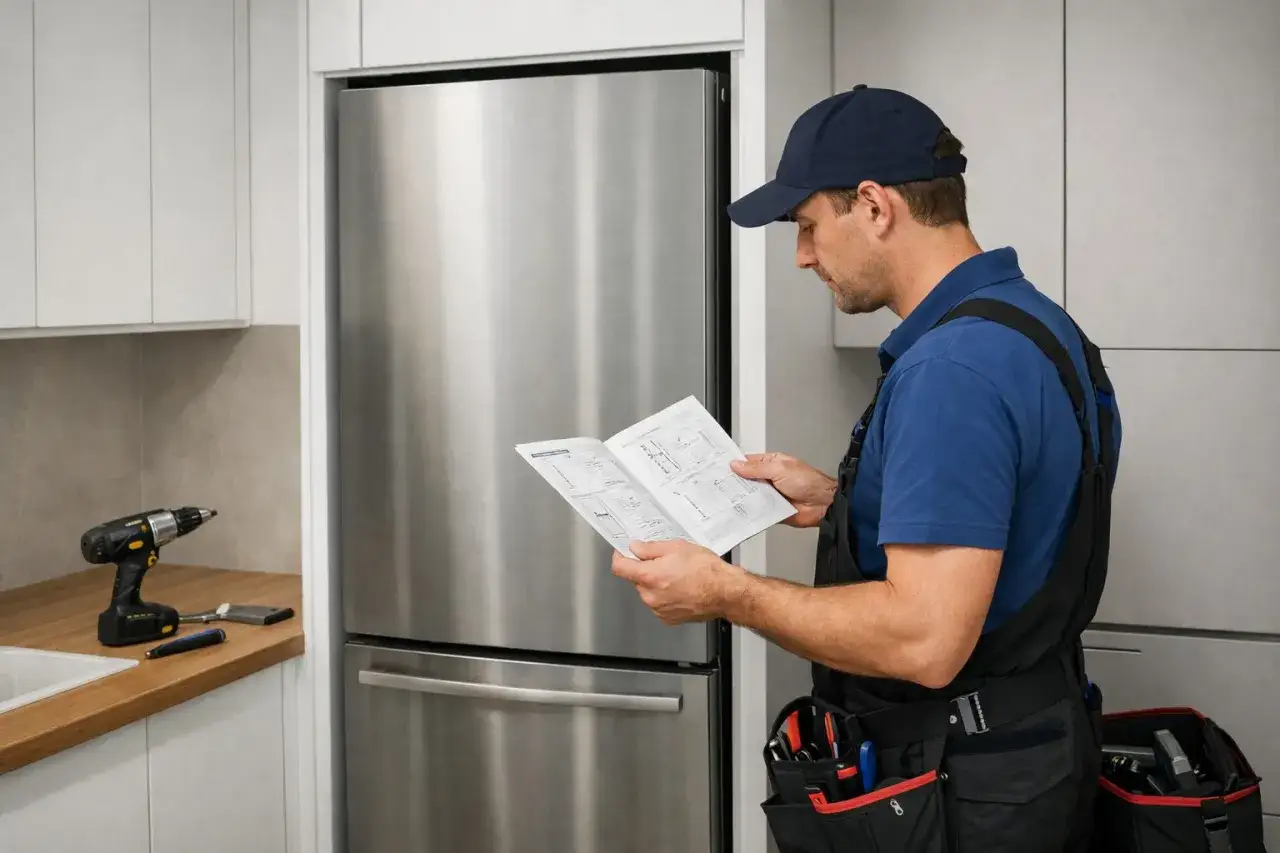 Instrukcja obsługi lodówki pomoże Ci dowiedzieć się, jak przełożyć drzwi w lodówce. Obok stoi wiertarka.