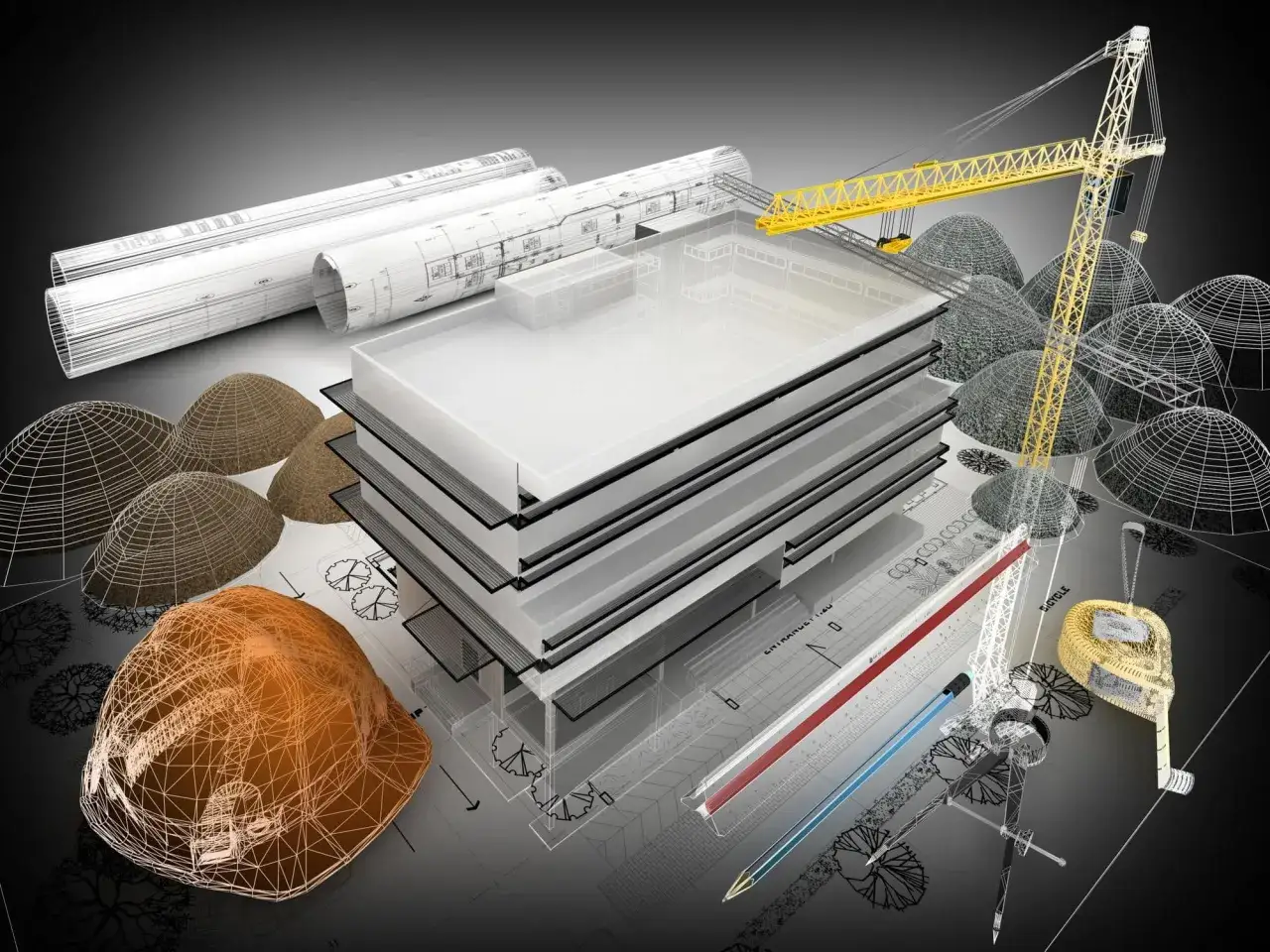Budowa w 3D: plany, makieta budynku, dźwig, kask i materiały budowlane. Ekstrudowany model pokazuje proces tworzenia.