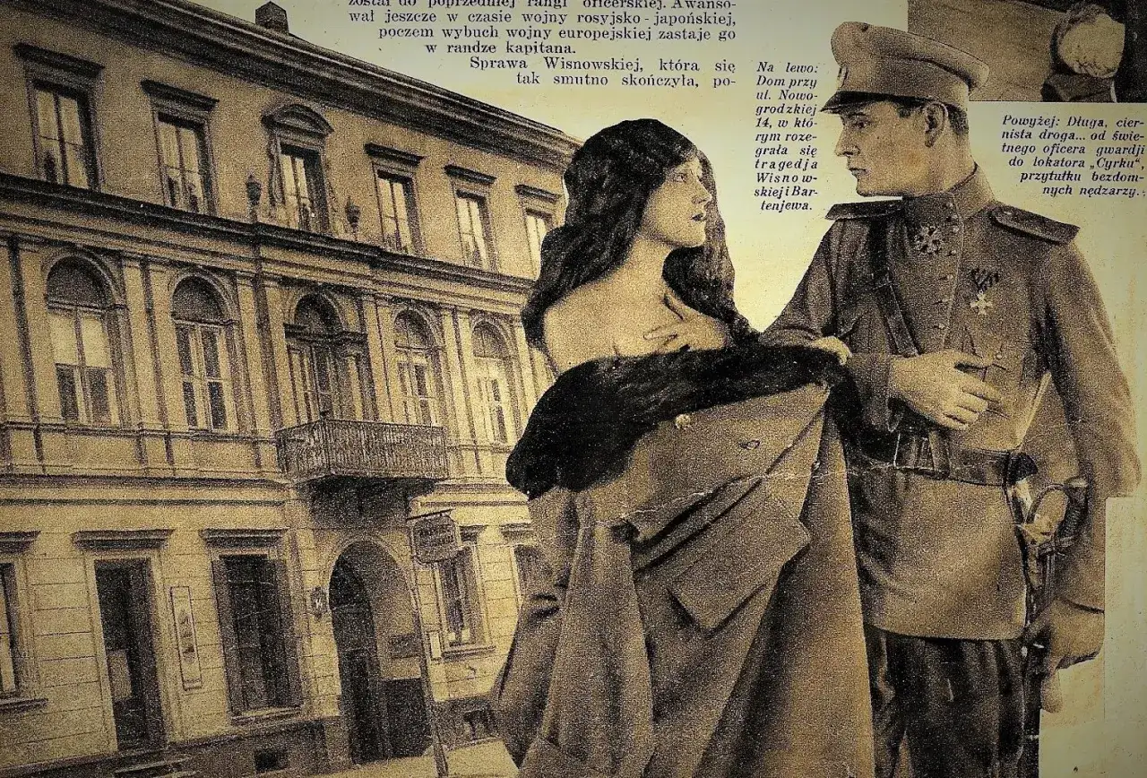 Maria Wisnowska, w stroju z epoki, obok oficera. W tle kamienica.