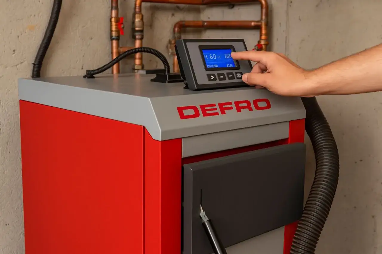 Dłoń dotyka panelu sterowania pieca Defro. Sprawdź, dlaczego piec Defro nie osiąga zadanej temperatury, analizując ustawienia i stan techniczny.