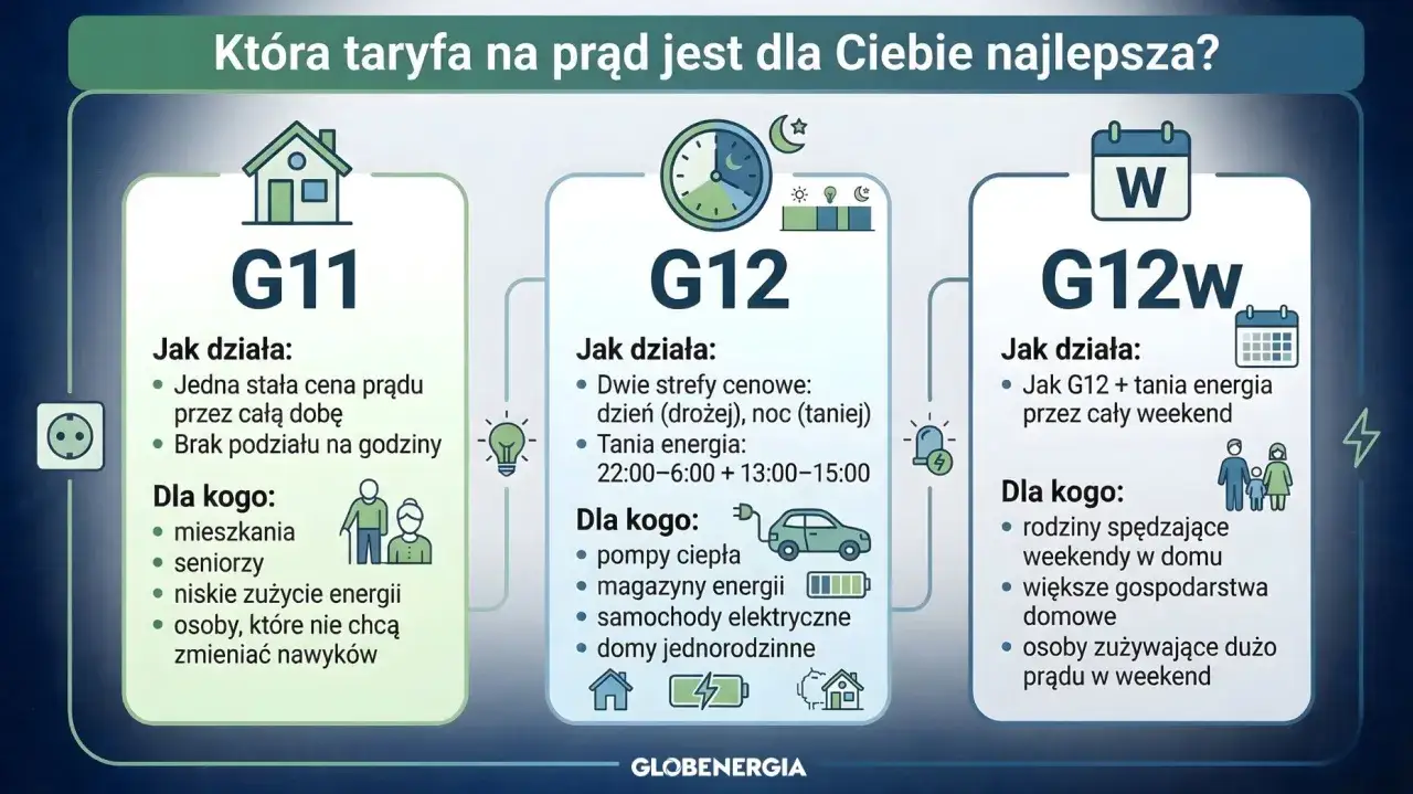 Porównanie taryf prądu: G11 (jedna cena), G12 (dwie strefy cenowe), G12w (G12 + weekend). Wybierz najlepszą dla siebie grupę taryfową.