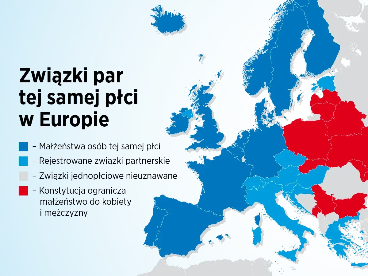 Mapa Europy pokazuje, gdzie można wziąć ślub homoseksualny. Większość krajów pozwala na małżeństwa lub związki partnerskie.