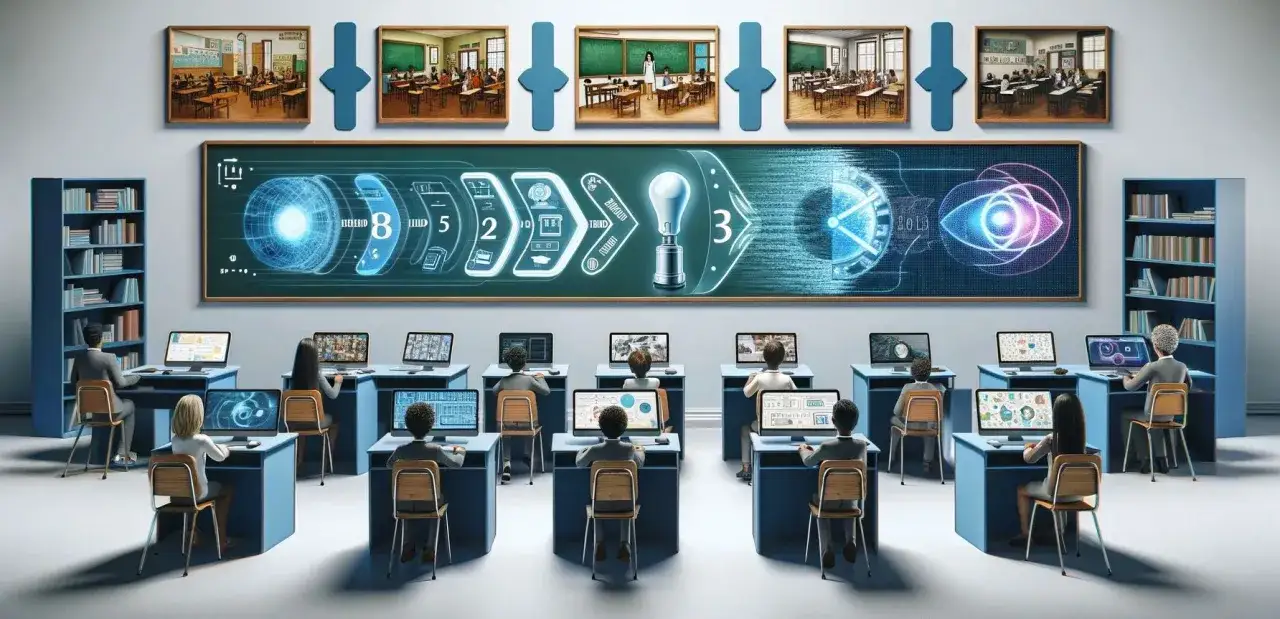 Przyszłość edukacji: jak będzie wyglądało nauczanie hybrydowe. Uczniowie przy komputerach, tablica z wizualizacją postępu nauki.