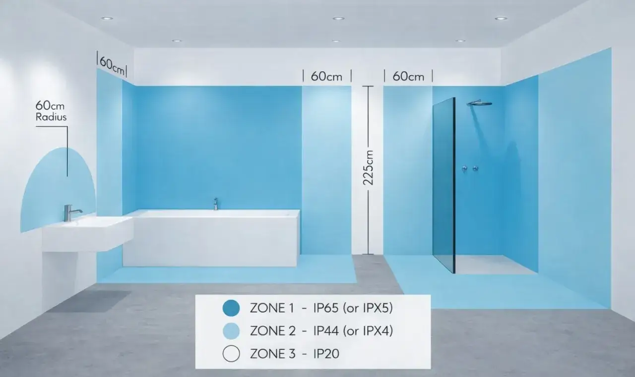 Schemat stref bezpieczeństwa w łazience: strefa 1 (IP65) przy wannie i prysznicu, strefa 2 (IP44) wokół, strefa 3 (IP20) dalej. LED w łazience musi być dopasowany do strefy.