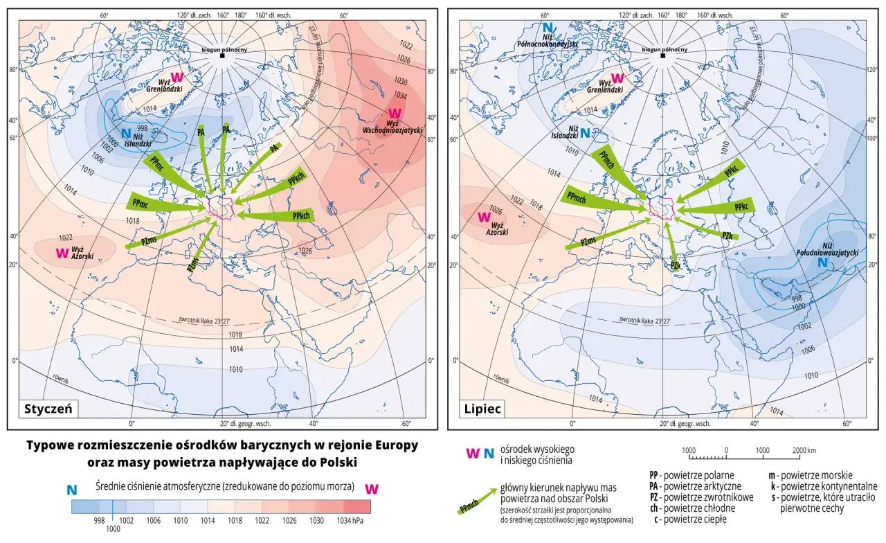 Styczeń i lipiec pokazują, jaki mamy klimat w Polsce. Różne masy powietrza napływają z różnych kierunków, wpływając na pogodę.