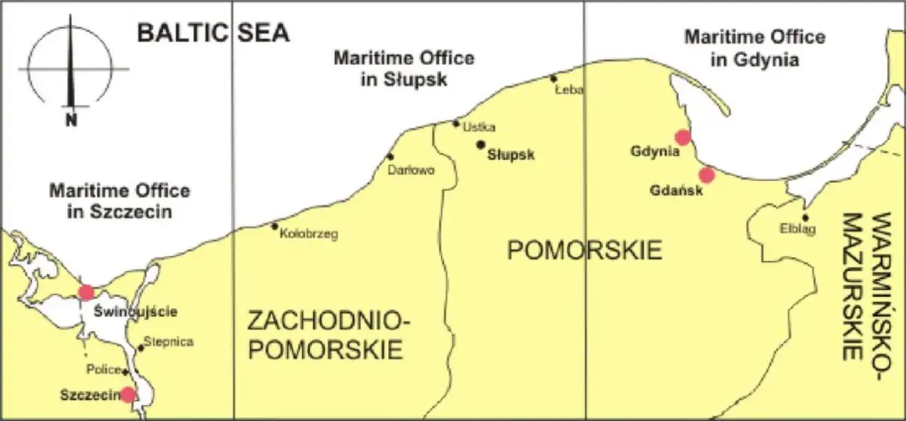 Mapa pokazuje dostęp do morza państw sąsiadujących z Polską. Widoczne są porty: Świnoujście, Kołobrzeg, Darłowo, Ustka, Łeba, Gdańsk, Gdynia, Elbląg.