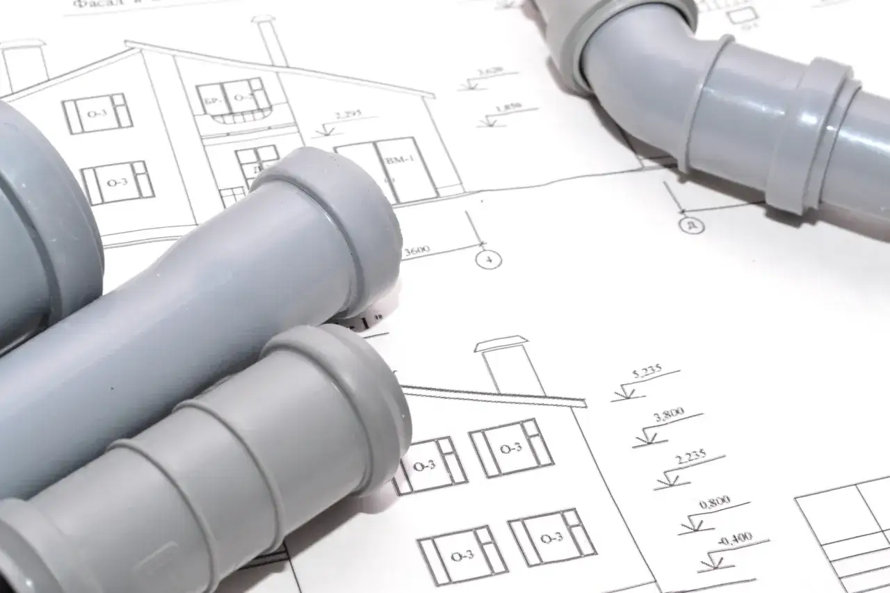 Rury kanalizacyjne na tle projektu domu. Brak odpowietrzenia pionu to potencjalny problem instalacyjny.