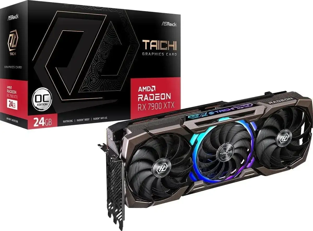 Karta graficzna ASRock Taichi z AMD Radeon RX 7900 XTX 24GB, z chłodzeniem i podświetleniem RGB.