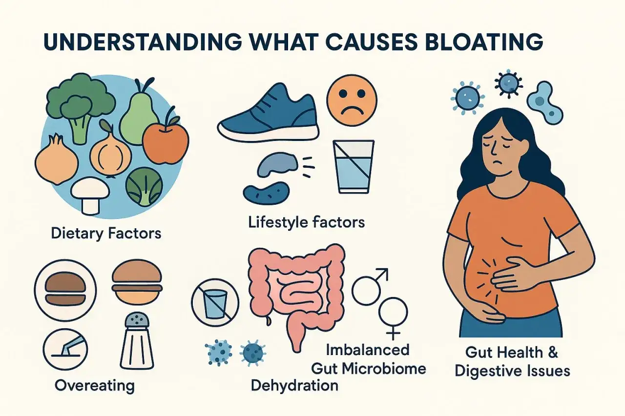Wzdęty brzuch przyczyny: dieta, styl życia, przejadanie, odwodnienie, zły mikrobiom jelitowy, problemy z trawieniem.