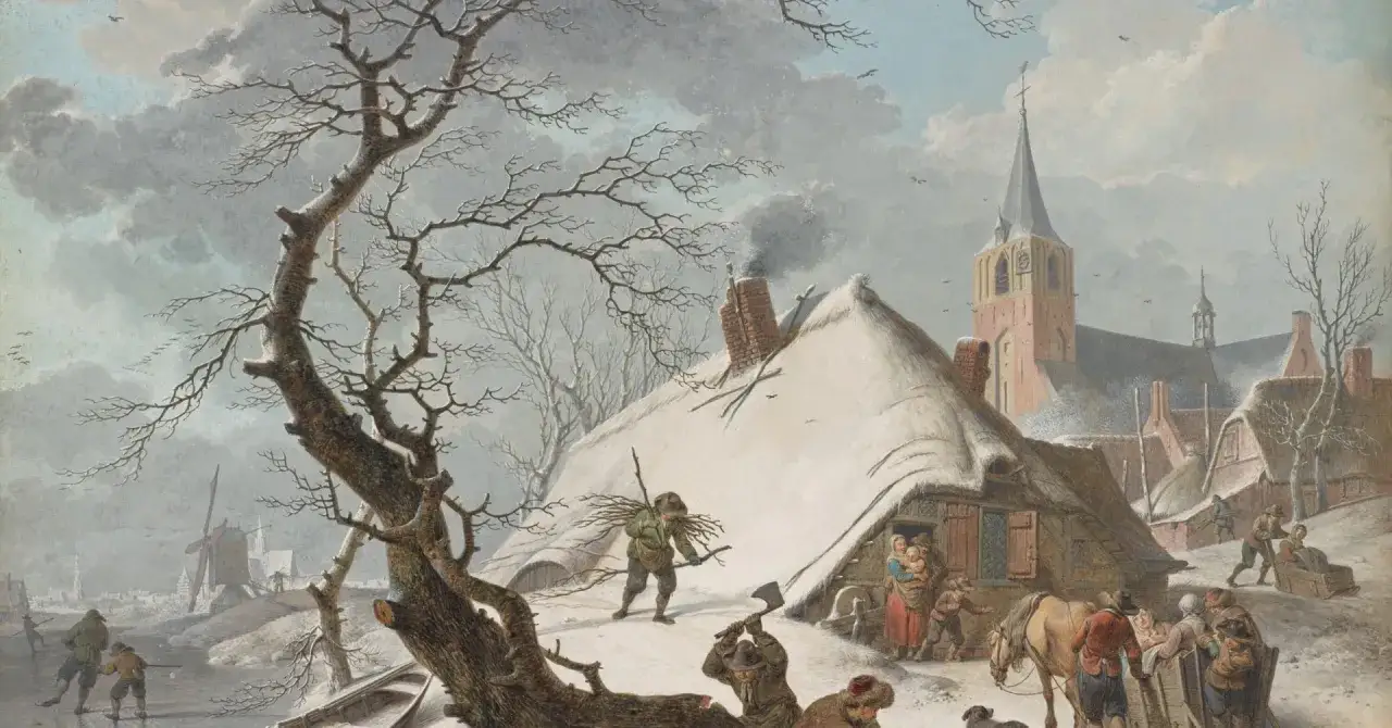 Zimowy krajobraz z ludźmi przygotowującymi drewno i podróżującymi w saniach, przypominający czasy małej epoki lodowcowej.