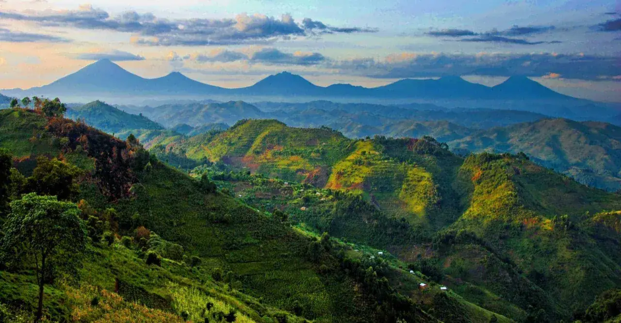 Zielone, tarasowe wzg&oacute;rza w oddali z g&oacute;rami stanleya na horyzoncie.