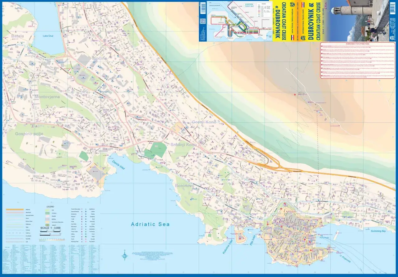 Mapa Dubrownika i wybrzeża Chorwacji. Widać Morze Adriatyckie, potwierdzające, że Chorwacja ma dostęp do morza.