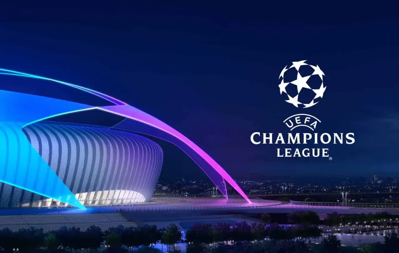 Nowoczesny stadion oświetlony neonowymi światłami, z logo Ligi Mistrzów. Już niedługo, kiedy liga mistrzów 2026, emocje sięgną zenitu!