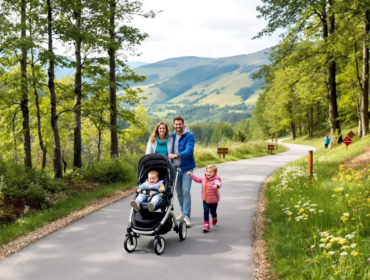 Rodzina spaceruje po g&oacute;rskiej ścieżce, szukając pomysł&oacute;w, gdzie w g&oacute;ry z dziećmi na Śląsku.