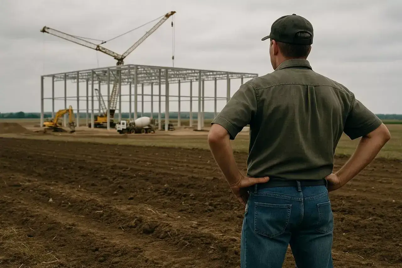 Mężczyzna w czapce patrzy na budowę hali. Zastanawia się, jak uniknąć PCC przy zakupie działki pod inwestycję.