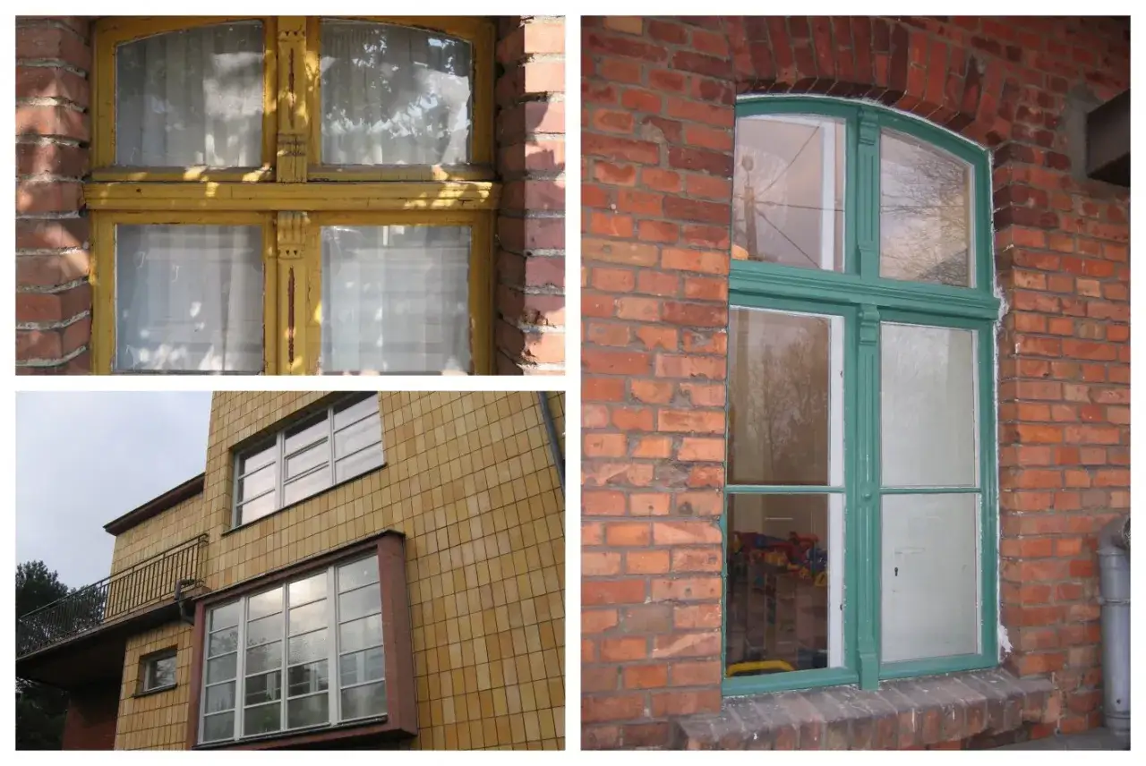 Zabytkowe okna drewniane w żółtej i zielonej ramie, w ceglanych i kafelkowych budynkach.