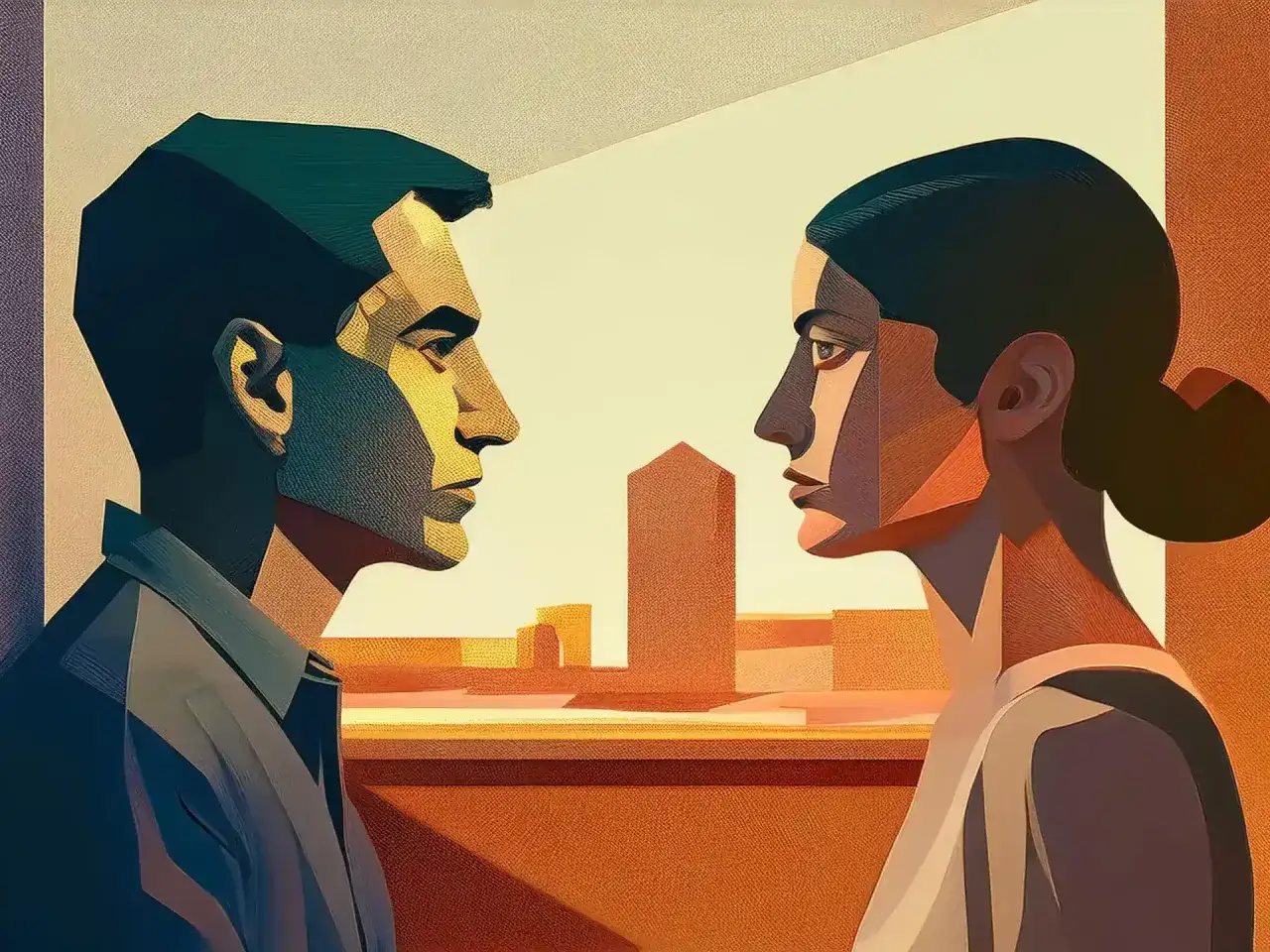 Para patrzą na siebie, czując samotność po rozwodzie. W tle miejski krajobraz.