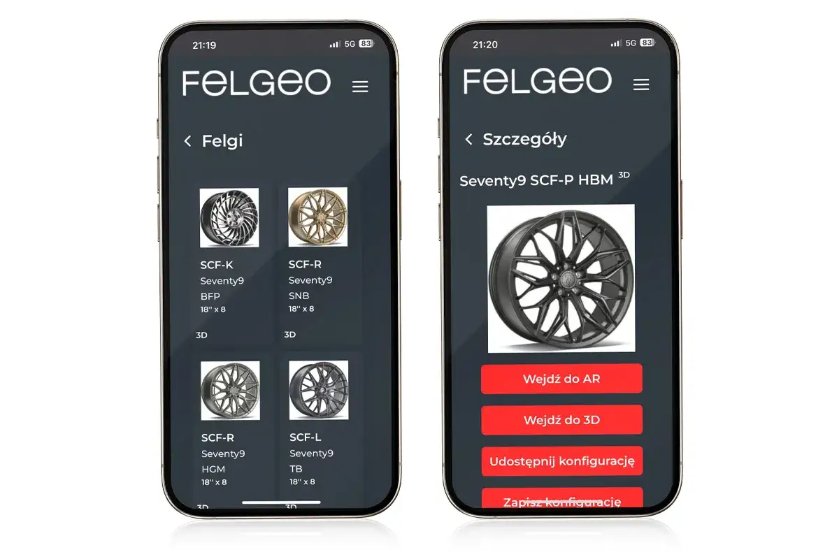 Aplikacja Felgeo pomaga dobrać rozmiar felgi do samochodu, prezentując modele 3D i AR.