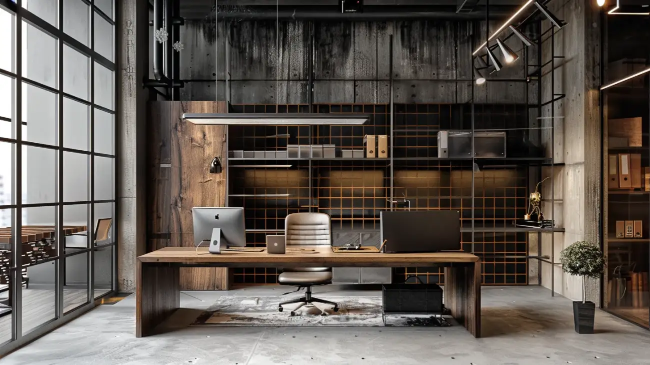 Zdjęcie Industrialny akcent wnętrza - kratka metalowa nad biurkiem