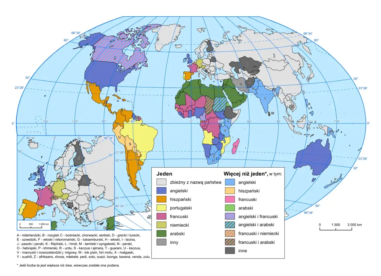 Mapa świata z zaznaczonymi językami i strefami wpływ&oacute;w