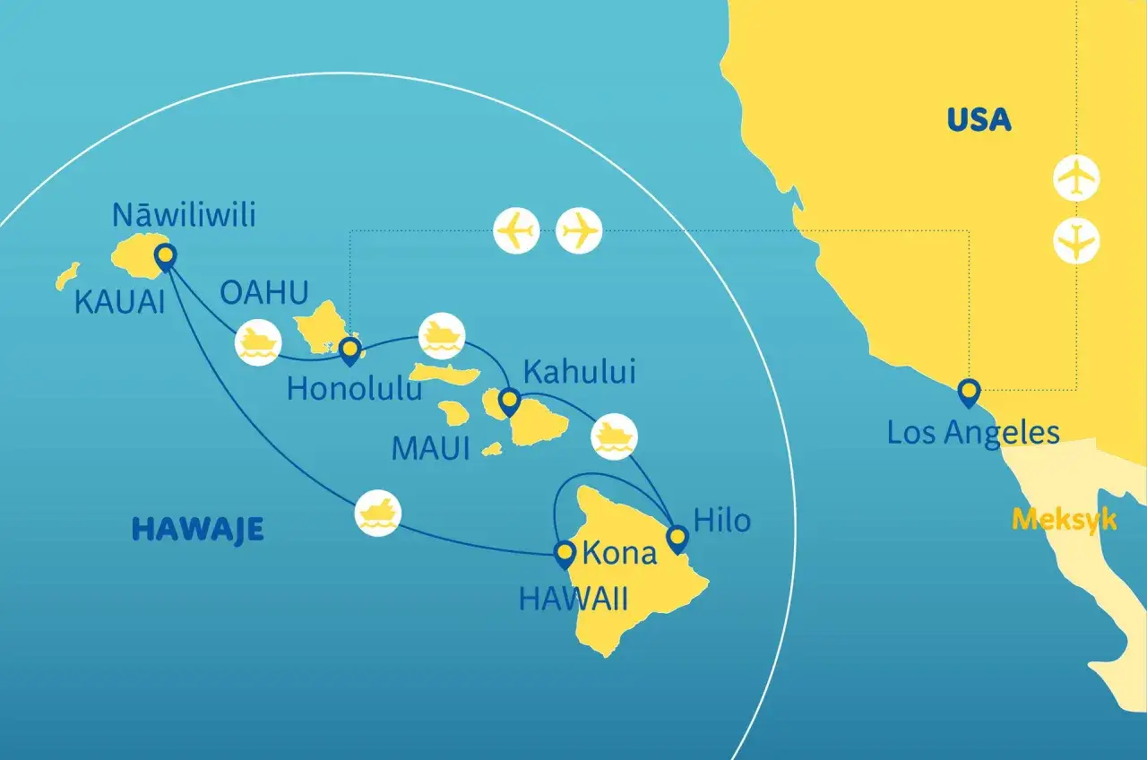 Mapa pokazuje trasy lotnicze i morskie na Hawaje z Los Angeles. Zastanawiasz się, ile leci się na Hawaje?