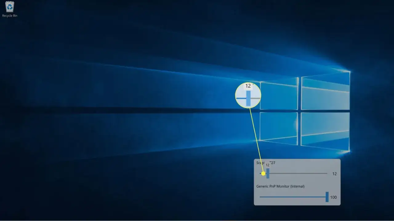 Jak zmienić jasność ekranu Windows 11: suwak jasności na pulpicie pokazuje aktualny poziom 12.