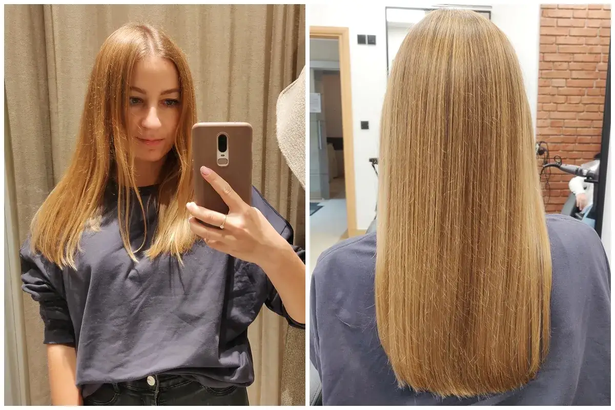 Przed i po strzyżeniu gorącymi nożyczkami. Długie, blond włosy zyskały nowy kształt i blask.