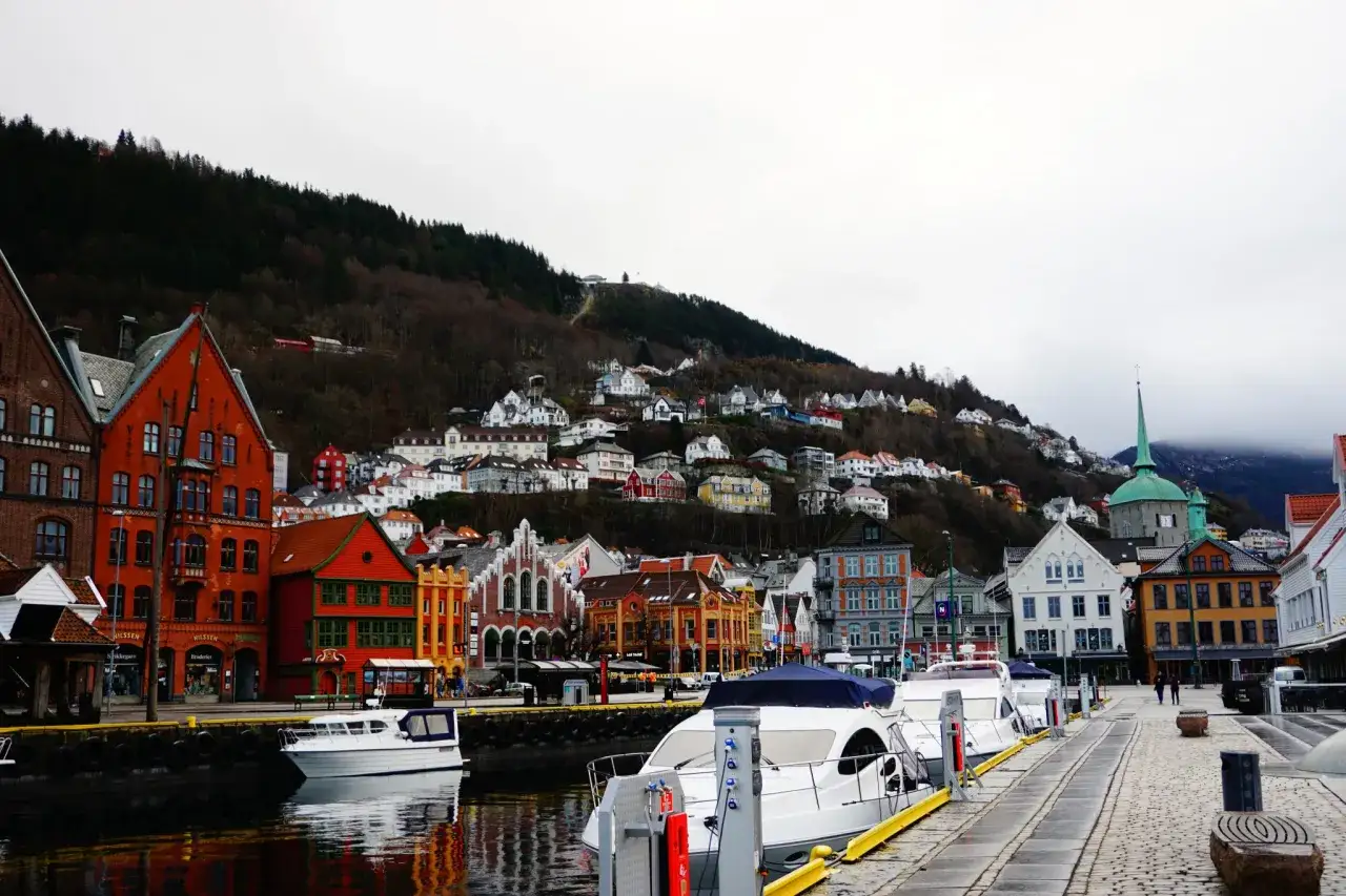 Kolorowe kamienice nad wodą i domki na wzgórzu tworzą malowniczy widok, idealny do odkrywania, co zwiedzić w Bergen.