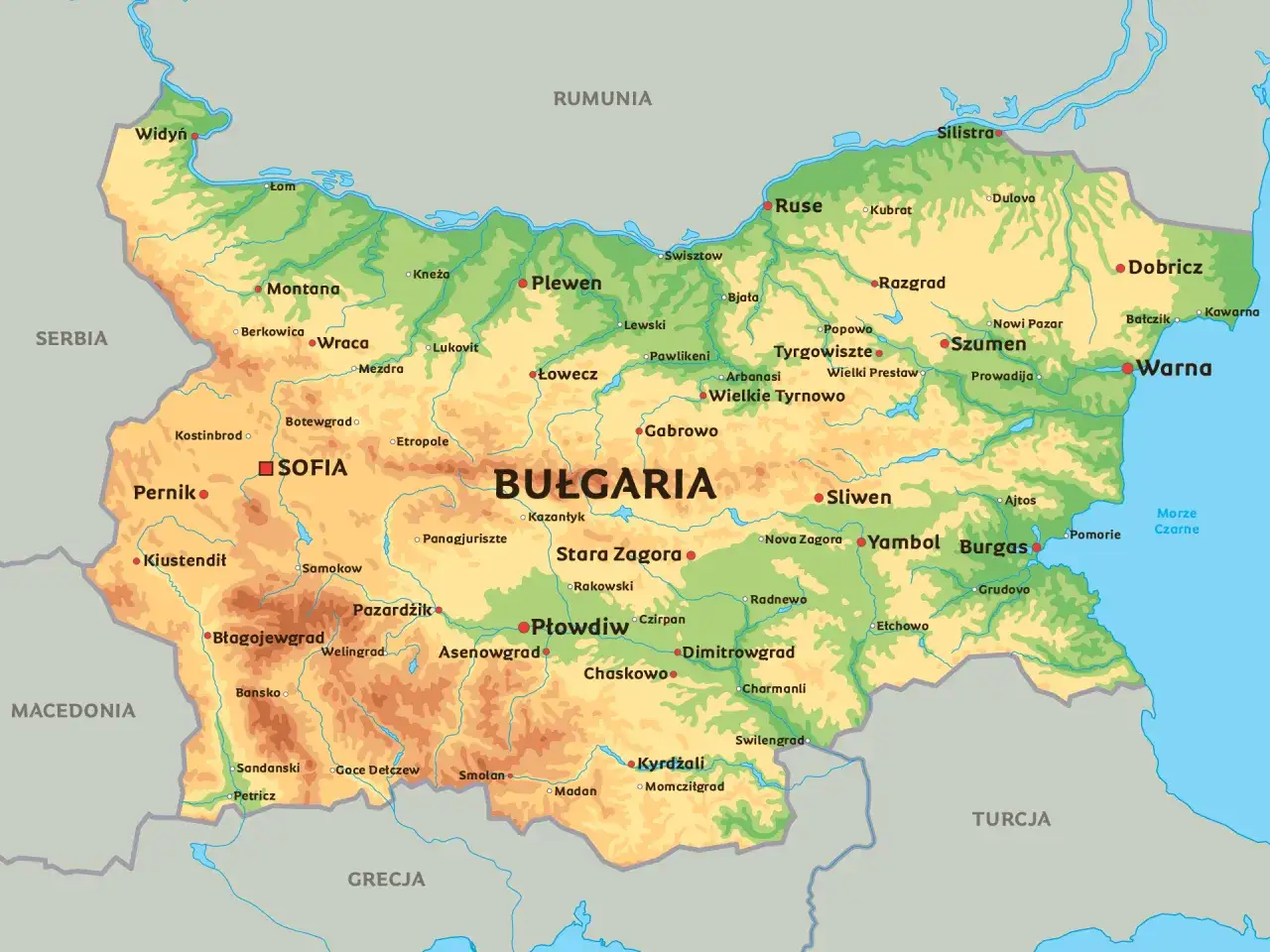 Mapa Bułgarii z zaznaczonymi miastami. Gdzie jest Burgas? Na wschodzie, nad Morzem Czarnym, blisko Pomorie.