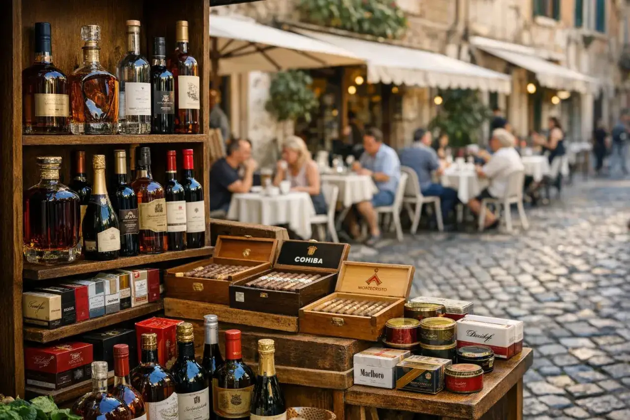 Hiszpańskie wina i cygara na ulicznym stoisku. Zastanawiasz się, ile alkoholu można przywieźć z Hiszpanii do Polski?