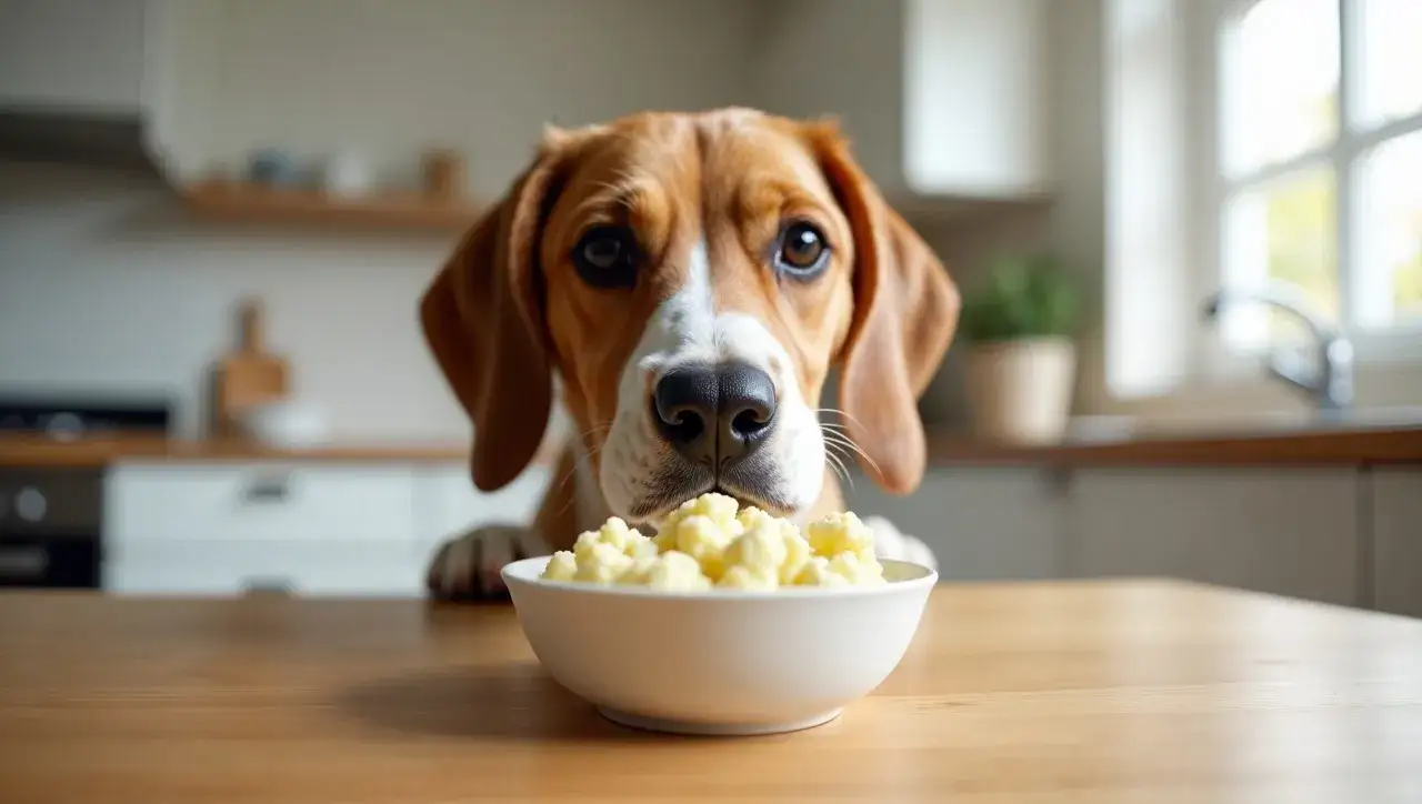 Ciekawski beagle zastanawia się, czy psy mogą jeść kalafior, gdy patrzy na miseczkę z tym warzywem.