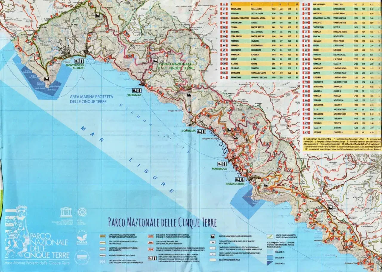 Mapa szlaków turystycznych Parku Narodowego Cinque Terre i okolic, w tym Portofino. Widoczne miasteczka: Riomaggiore, Manarola, Corniglia, Vernazza, Monterosso.