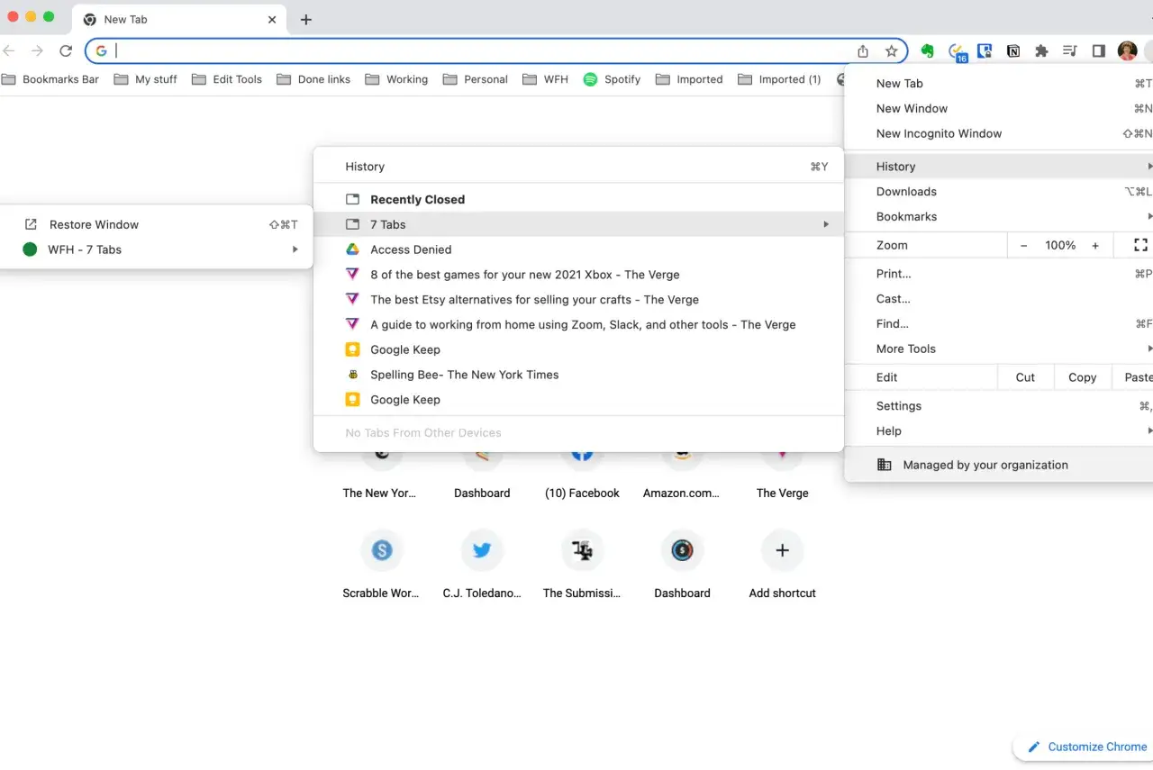 Jak przywr&oacute;cić zamknięte karty? Menu historii przeglądarki pokazuje ostatnio zamknięte karty, w tym 