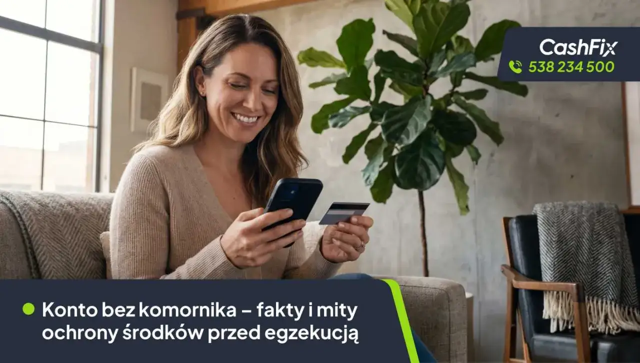 Uśmiechnięta kobieta trzyma telefon i kartę, planując swoje finanse. Dowiedz się, jak uzyskać konto bez komornika i chronić środki przed egzekucją.